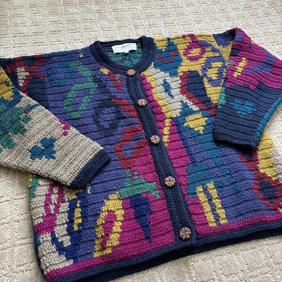 Peruvian Connection VTG 100% Wool Cardigan Sweater Large Colorful Art To Wear - Picture 2 of 8